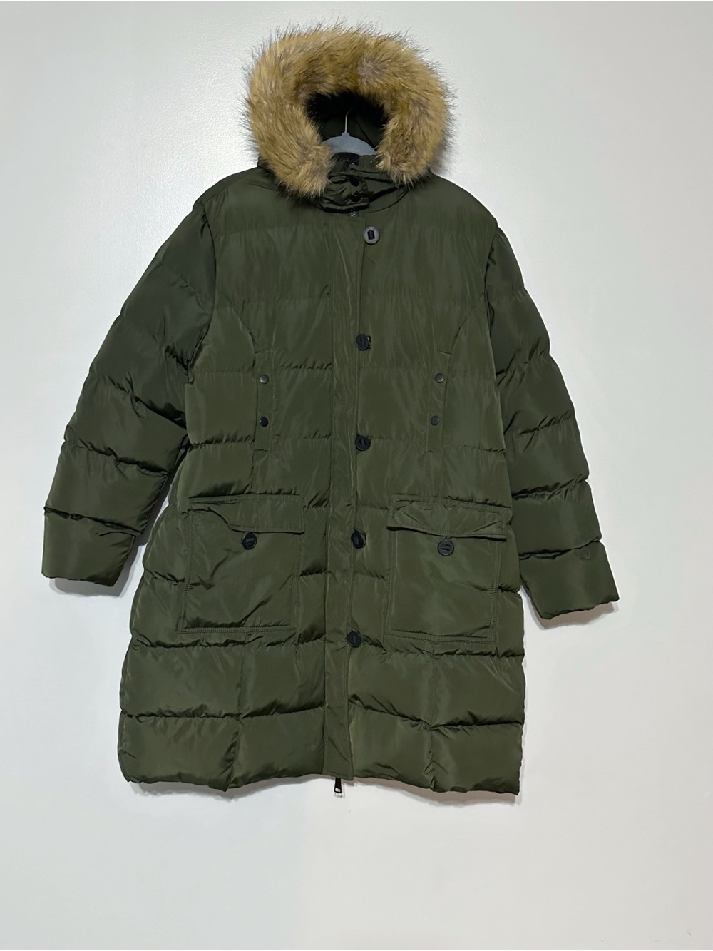 ELORA Women Winter Warm Vegan Puffer Cargo 7 Pocket Mid-Length Coat Quilted Hood